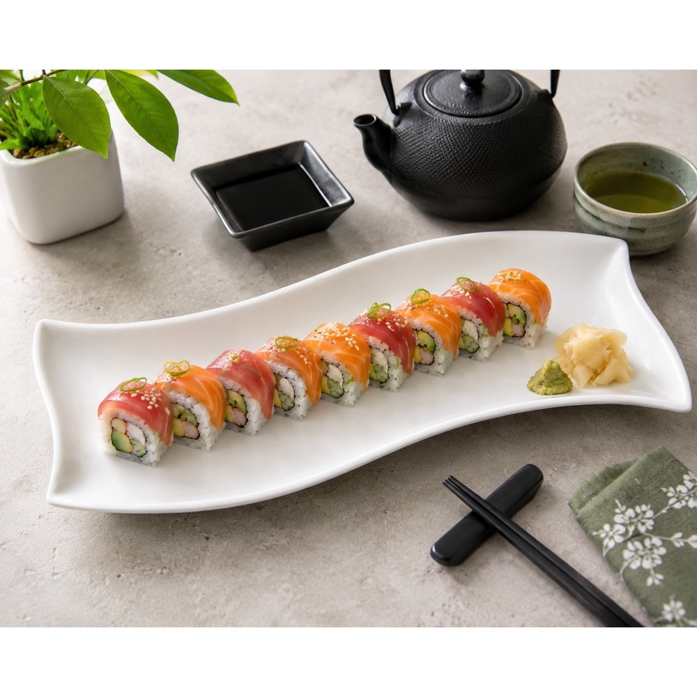 Simple Dining White Wave Serving Platter 14" Porcelain Modern Sushi‎ Tray